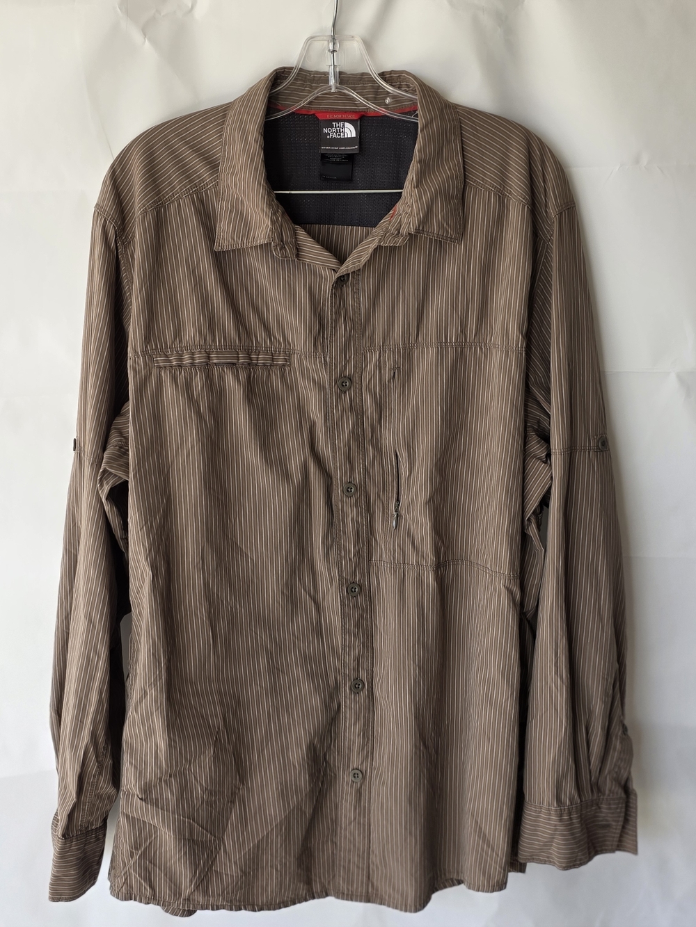 The North Face Men’s Vented‎ Hiking Shirt XL Brown Striped Roll-Tab Nylon